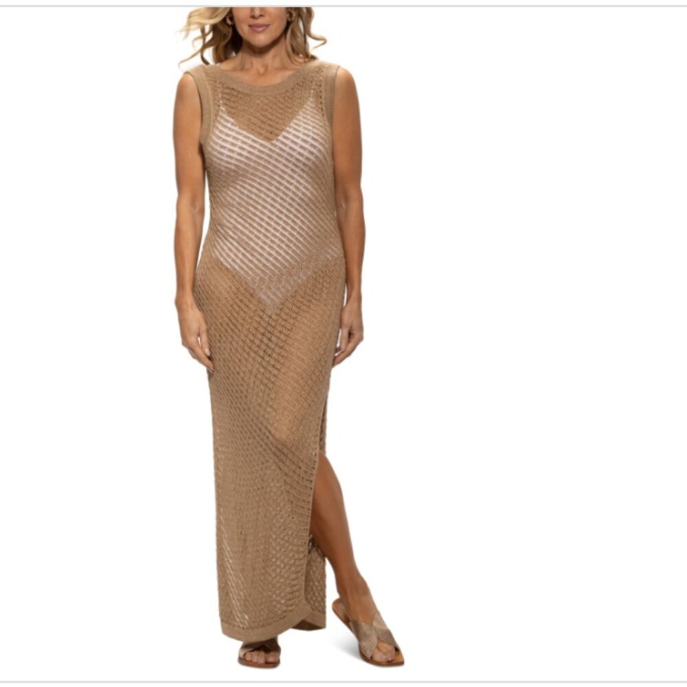 Dotti Women Scoop-Back Sleeveless Crochet Dress Swim Cover-up Brown Size L 9876